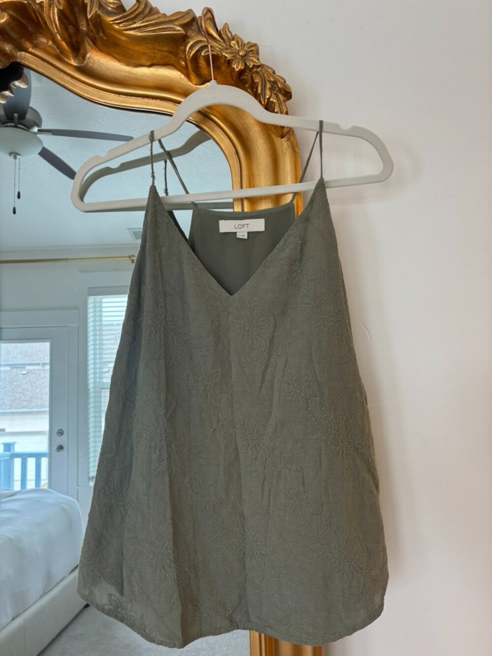 LOFT Olive Green Embroidered Floral Cami Tank Top Size M